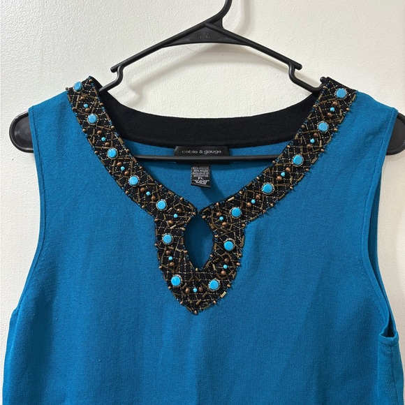 Cable & Gauge Teal Tank Top with Black Embellishments Petite Large - Picture 2 of 4